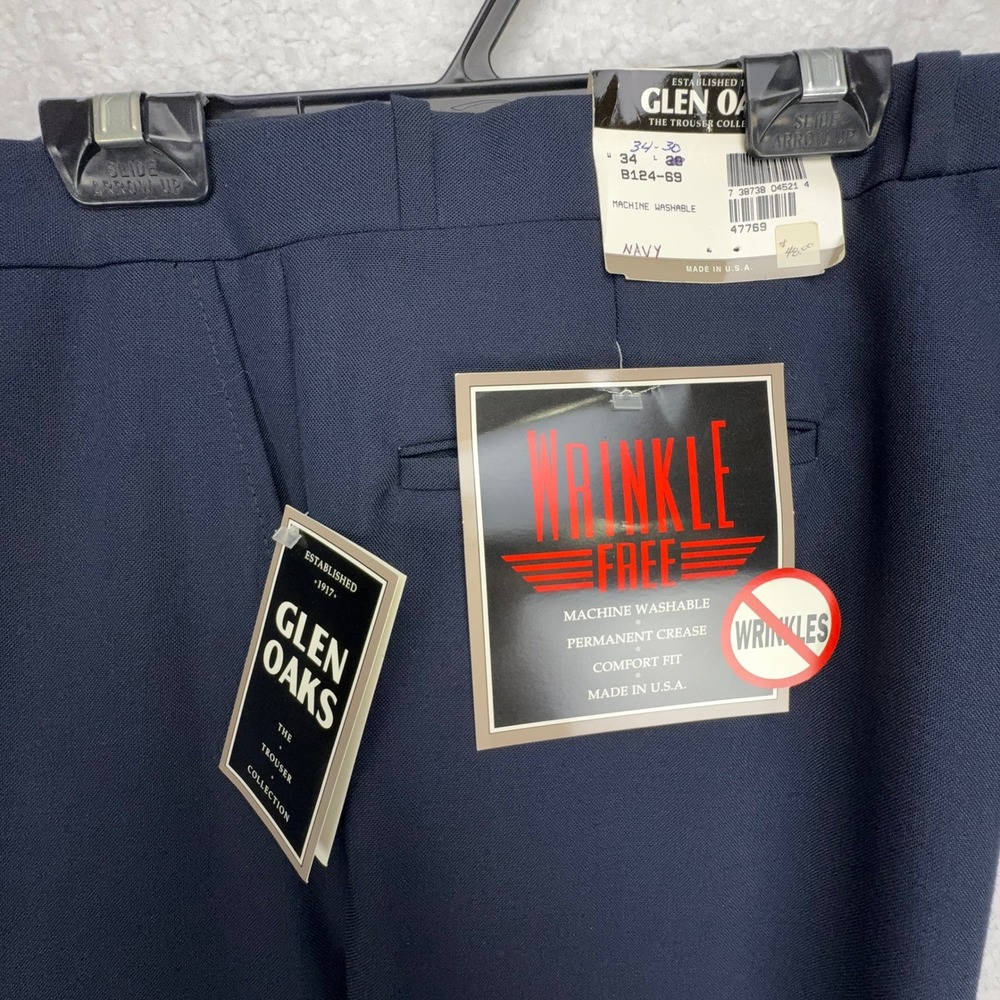 Glen Oaks Mens‎ 34x30 Navy Blue Wrinkle Free Worsted Wool Dress Pants B124-69